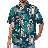 Funny Lemurs and Palm Leaves Mens Short Sleeve Shirts Casual Button Down Lapel T-Shirt Summer Beach Tee Tops