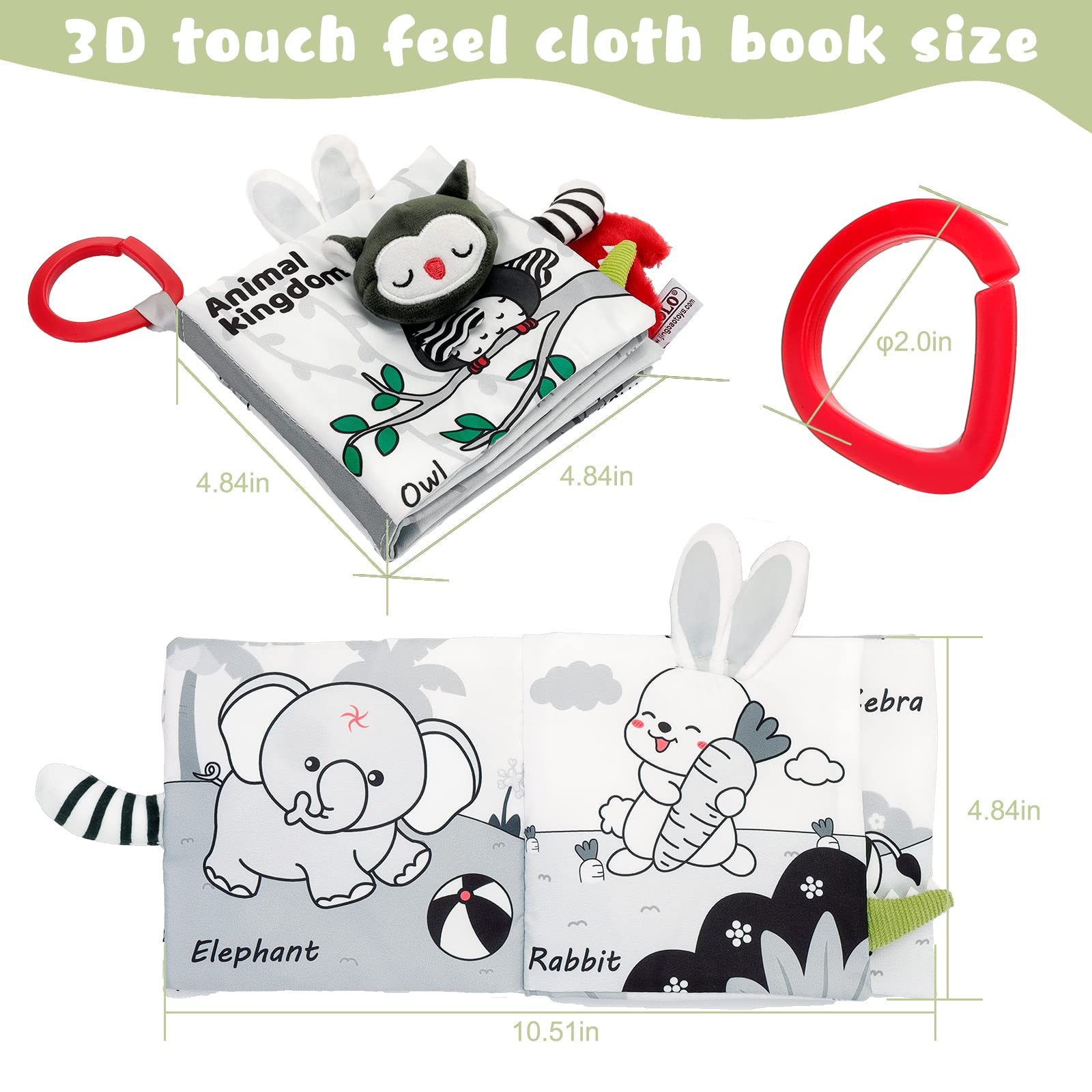 Crinkle Soft Baby Books 0-6 Months, 3D Touch Feel High Contrast Cloth Book Sensory Baby Toys 0-6-12 Months, Early Learning Stroller Toys for Infants Toddler Gifts Toy, Forest Jungle Tails