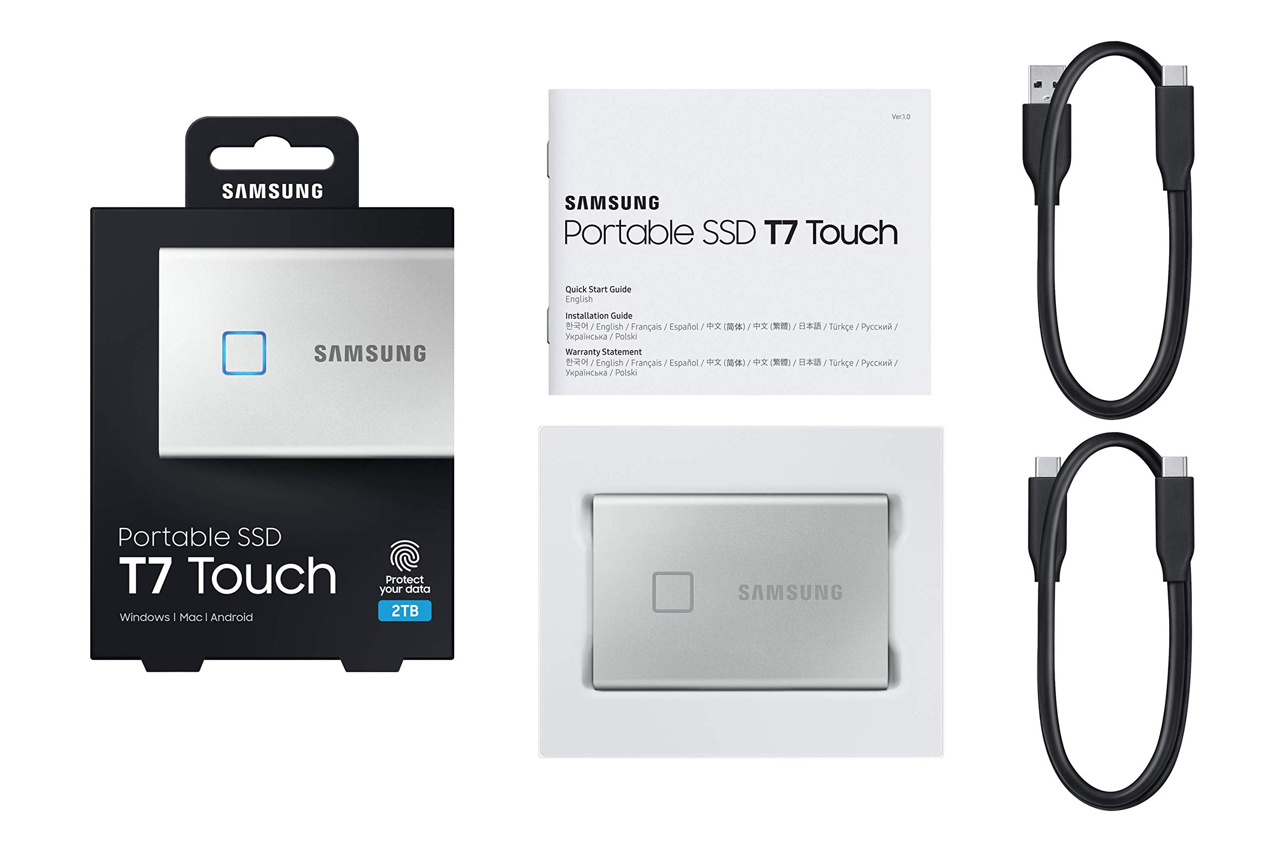 SAMSUNG T7 Touch Portable SSD 2TB + 2mo Adobe CC Photography ,up to 1050MB/s, USB 3.2 External Solid State Drive, Black (MU-PC2T0K/WW)
