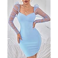 Dresses for Women Ruched Sheer Mesh Gigot Sleeve Bodycon Dress (Color : Baby Blue, Size : X-Large)