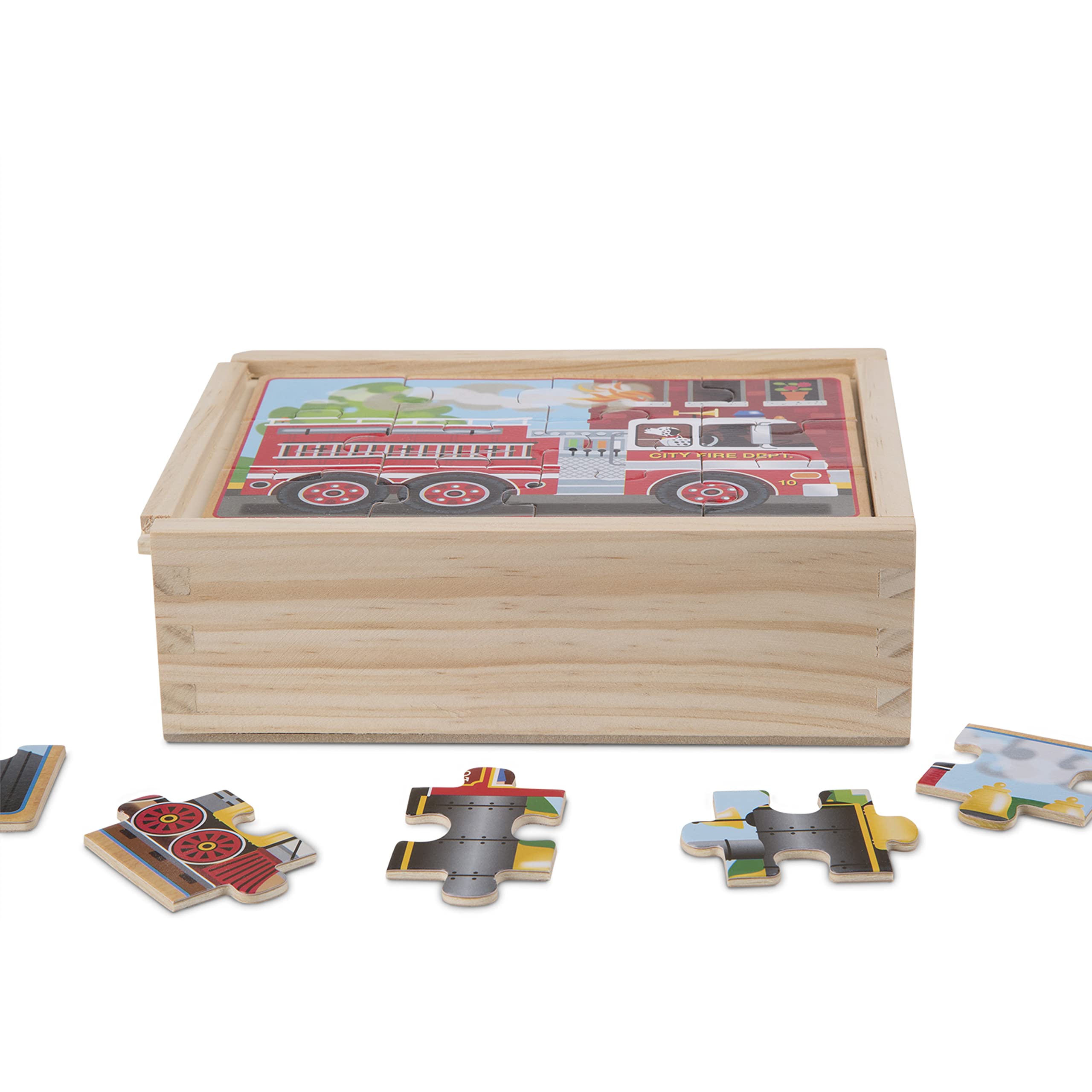 Melissa & Doug Vehicles 4-in-1 Wooden Jigsaw Puzzles in a Storage Box (48 pcs) - Toddler , Fire Truck Puzzles For Kids Ages 3+ - FSC-Certified Materials