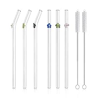 6-Pack Reusable Glass Straws with Flowers,Glass Straws Shatter Resistant,8''x8 MM,6 Bent with 2 Cleaning Brushes - Perfect for Smoothies, Milkshakes, Tea, Juice - Dishwasher Safe