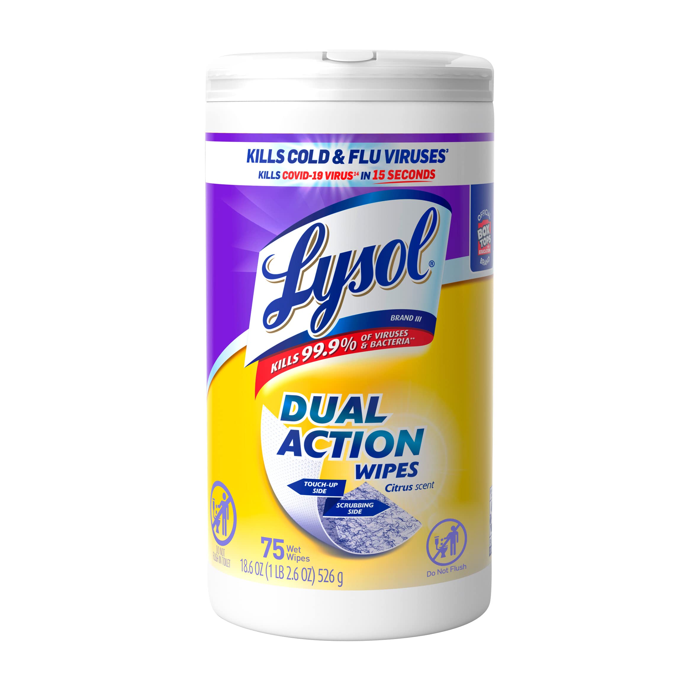 Lysol Dual Action Disinfectant Wipes, Multi-Surface Antibacterial Scrubbing Wipes, For Disinfecting and Cleaning, Citrus Scent, 75ct