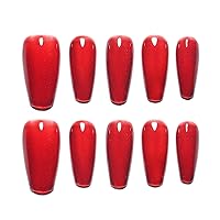 Handmade Press-on Medium Long Coffin Red Ruby Magnet False Nail Tips Hand-drawn Design Fashionable 10 Pcs Set (#164 L)