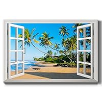 Renditions Gallery Nature Art Decor Fake Window View of Palm Tree Beach Canvas Hanging Artwork for Bedroom Living Room Office Walls - 18