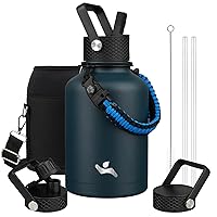 Insulated Water Bottle with Straw,50oz 3 Lids Water Jug with Carrying Bag,Paracord Handle,Double Wall Vacuum Stainless Steel Metal Flask,Navy Blue