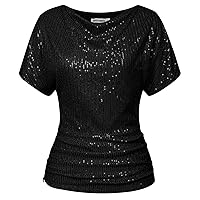 GRACE KARIN Women 2024 Summer Sequin Top Cowl Neck Batwing Sleeve Ruched Sparkly Glitter Party Blouse