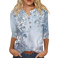 3/4 Sleeve Cute Tops Women 3/4 Length Sleeve Womens Tops 2024 Casual Trendy Print Loose Fit with Henry Collar Oversized Tunic Shirts Sky Blue Medium