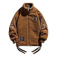 Fleece Jacket Men Winter Stand Collar Zip Fuzzy Sherpa Warm Zip Up Fleece Hoodie Jacket with Letter Print Streetwear