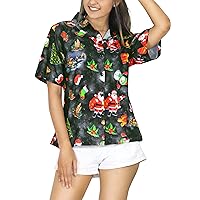 LA LEELA Women's Beach Funny Santa Claus Party Shirt Blouse Button Down Summer Tops Christmas Hawaiian Shirts for Women S Xmas Tree Gifts, Black