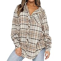 Ladies Casual Pocket Loose Plaid Shirt Lapel Flannel Button Down Shirts Mid-Long Casual Boyfriend Jacket Coats