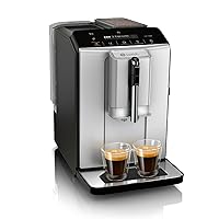 Bosch TIU20307 300 Series Fully Automatic Espresso Machine with Milk Express (in-cup frother), LCD + Touch Control Panel, OneTouch Milk-based Beverages and 5 Beverage Options, in Silver
