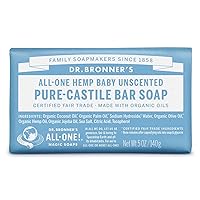 Dr. Bronner's - Pure-Castile Bar Soap (Baby Unscented, 5 ounce, 3-pack) - Made with Organic Oils, For Face, Body, Hair, Gentle for Sensitive Skin, Babies, No Added Fragrance, Biodegradable, Vegan