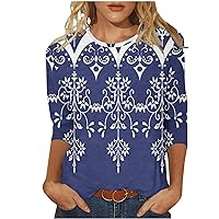 3/4 Sleeve Round Neck Shirt for Women,2024 Casual Fashionable Basic Comfy Printed Shirt,Loose Fit Tropical Shirts