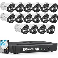 Swann Home Security Camera System with 2TB HDD, 16 Channel 16 Cam, POE Cat5e NVR 4K HD Video, Indoor/Outdoor Wired Surveillance CCTV, Color Night Vision, Heat Motion Detection, LED Lights, 1686816FB