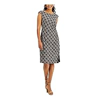 Connected Apparel Womens Black Stretch Ruched Unlined Printed Sleeveless Boat Neck Above The Knee Wear to Work Sheath Dress Petites 12P