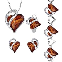 Leafael Infinity Love Heart Necklace, Stud Earrings, Bracelet, and Ring Set, Healing Stone for Stress Relief Crystal Jewelry, Silver Tone Gifts for Women, Dark Topaz Brown