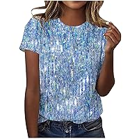 Firzero Sequin Tops for Women Party Night Sparkling Dressy Blouses Summer Round Neck Short Sleeve Glitter Party Club Shirts