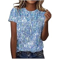 Women's Party Cute Tops Fashion Shimmer Glitter Dressy Blouses Summer Short Sleeve Crewneck Dressy Casual T-Shirts