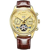 Men's 18k Gold Automatic Mechanical Wrist Watch Multifunction Calfskin Watchband (Brown Strap-Gold)
