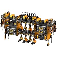 CCCEI Yellow Tools Organizer Wall Mount Charging Station, Power Tool Battery Storage Rack Built-in Power Strip. 8 Drill Holder, All Metal, Garage Utility Shelves, Movable. Pegboard Hanging Extension.