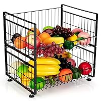 Fruit Basket for Kitchen, Detachable Metal Organizer with Handle, 2 Tier Large Capacity Storage Basket Bowls For Bread Vegetable Fruits