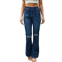 Pull on Jeans for Women Flare Stretchy Elastic High Waist Denim Pants Trendy Bootcut Front Seam Jean