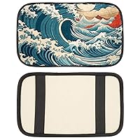 Car Center Console Armrest Cover Japanese Style Ocean Wave Universal Fit Armrest Covers for Vehicle SUV Truck, Non-Slip Auto Armrest Seat Box Cushion Pad