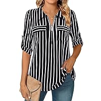 Bulotus Women's 3/4 Sleeve Collared Blouses Business Casual Zip Front V Neck Loose Fit Tunic Tops