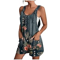 Women's Button Down Jumpsuits Lace Up Solid Color Rompers Suspender Shorts Overalls Outfit with Pockets