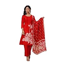 Cotton Beautiful Printed Kurti Pant Set Indian Suit Floral Print Long Dress With Dupatta