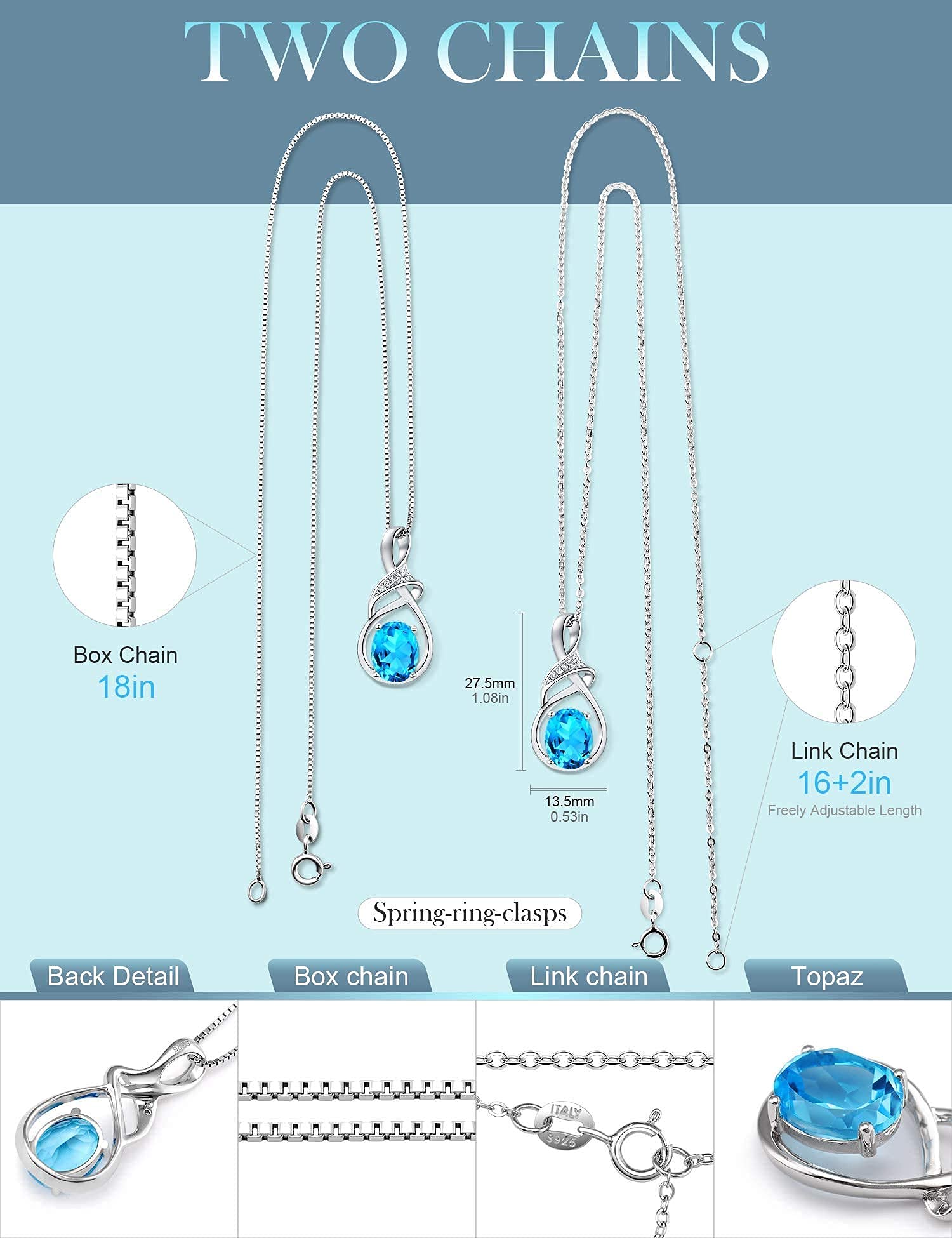 HXZZ Fine Jewelry Natural Gemstone Swiss Blue Topaz Amethyst Citrine Peridot Opal Sterling Silver Pendant Necklace Gifts for Women
