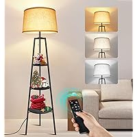 OUTON Tripod Floor Lamp with Shelves, Modern Shelf Floor Lamp with Remote, 4 Color Temperature, Dimmable Tall Standing Corner Lamp with Beige Linen Texture Shade for Living Room, Bedroom, Office