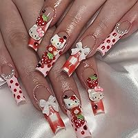 French Tip Coffin Press-On Nails with Strawberry Charms and Glue - Long Fake Nails Full Cover for Women and Girls (24 Pieces)