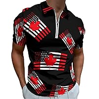 USA Canada Flag Men's Polo Shirts Slim Fit Short Sleeve Zippered Shirts Casual T Shirt Tee Top