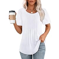 Womens Tops Scooped Neck Pleated Solid Color Elegant Tunic Blouse 2024 Summer Short Sleeve Loose Fit Shirts