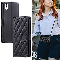 Crossbody Wallet for iPhone XR Case with Adjustable Lanyard Strap Credit Card Holder 6.1‘’,PU Leather Handbag Kickstand Lattice Pattern Cover Case for Men Women Girl (Black)