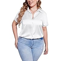 IN'VOLAND Women's Plus Size Satin Shirts Short Sleeve Button Down Silk Blouses Workwear Casual Office Collared Tops