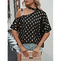 Women's Shirts Women's Tops Shirts for Women Gold Dot Print Asymmetrical Neck Chain Detail Blouse (Color : Black, Size : Small)
