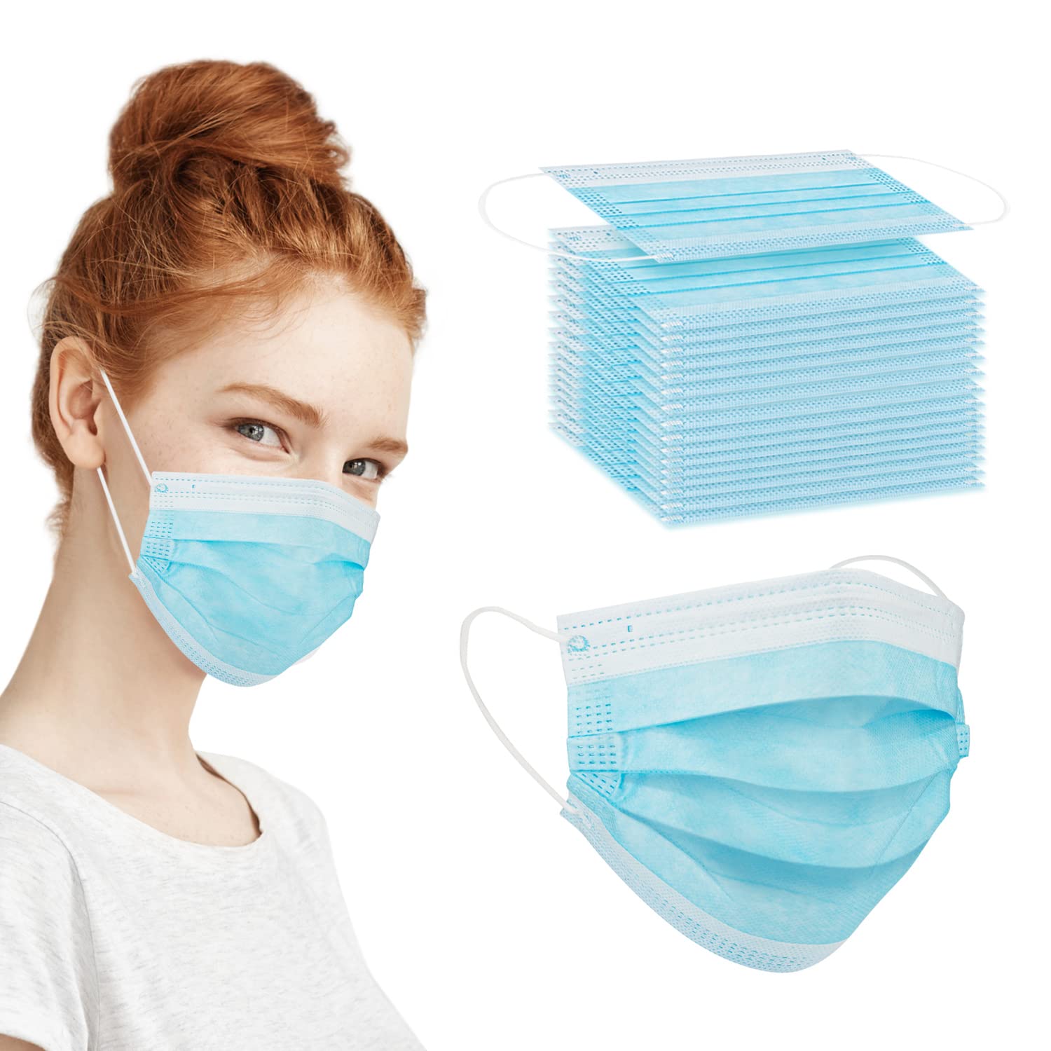 Disposable Face Masks/ 3Ply Safety Face Masks- 50PCS - 3 Layers Blue Protective Face Mask For Daily Use, Breathable Facemasks, Anti-Dust Disposable Mask with Earloop for Personal Care