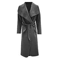 Womens Italian Long Duster Jacket Ladies French Belted Trench Waterfall Coat#(Charcoal Italian Long Duster Waterfall Jacket #US 10-12#Womens)
