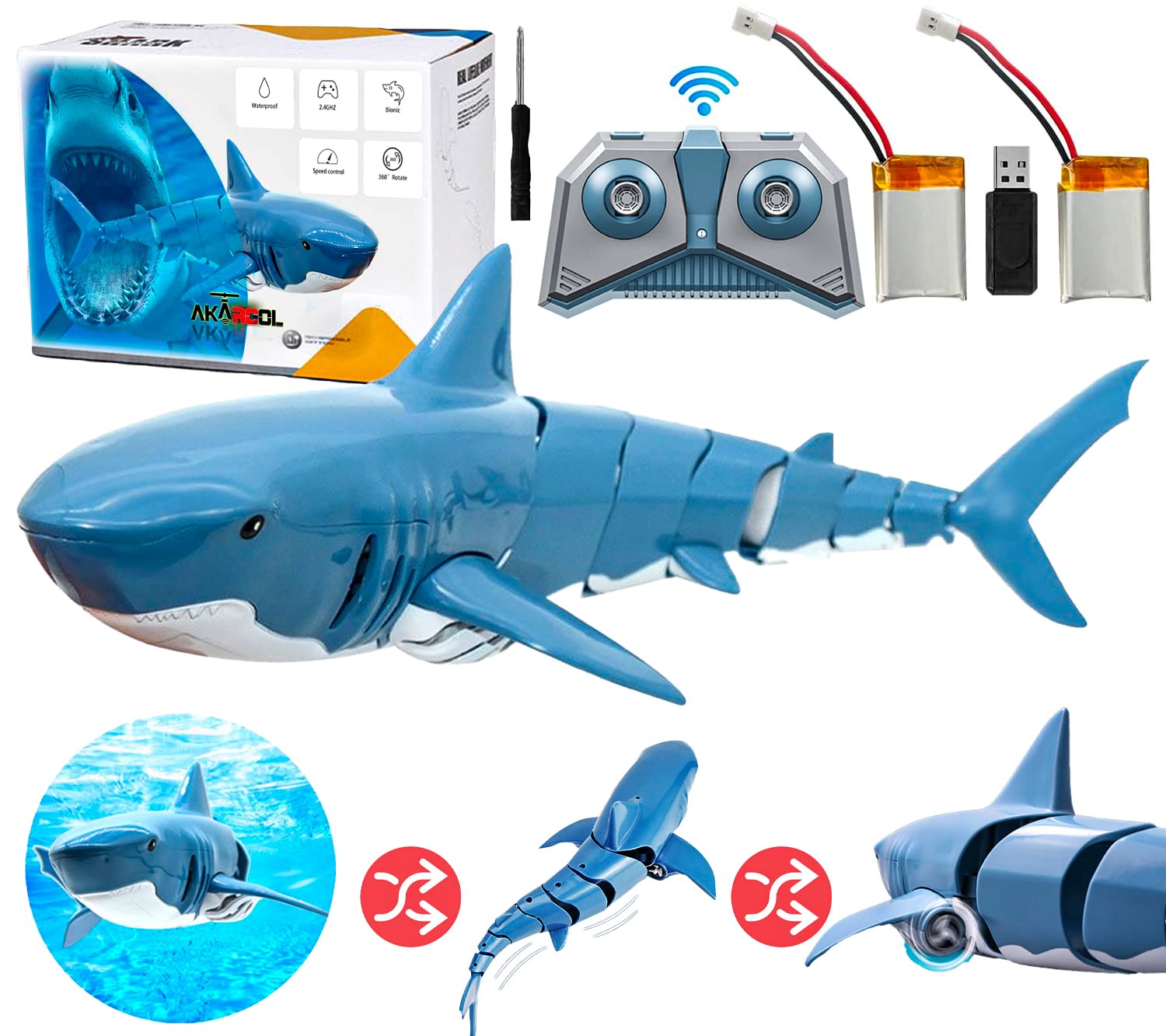 Akargol Remote Control Shark Toys for 3 4 5 6 Year Old Boys Water Shark Toys for Kids, Simulated RC Shark for Swimming Pool Bathroom Great Gift for Kids with Rechargeable Battery