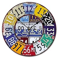 ArogGeld License Plate Wall Clock Vintage Numbers Car Tag Art Decor 10 Inch Battery Operated Large Decorative Silent Round Wood Hanging Clocks for Bedroom Living Room, One Size