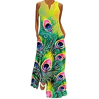Womens Sleeveless Maxi Dress with Pockets Brown and Yellow Giraffe Peacock Feather Print Floral Sundress Gowns