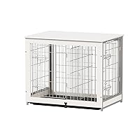 Piskyet Wooden Dog Crate Furniture with Divider Panel, Dog Crate End Table with Fixable Slide Tray, Double Doors Dog Kennel Indoor for Medium Dogs (M:31.8 * 22.1 * 26.3inch,White)