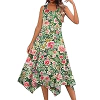 Summer Dresses for Women 2024,Womens Floral Print Crewneck Sleeveless Sundress Hankerchief Hem Maxi Tank Beach Dress