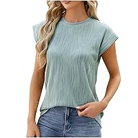 Summer Textured Tee Tops Women's Casual Cap Sleeve Crewneck T-Shirts 2024 Elegant Plain Loose Fit Dressy Undershirt