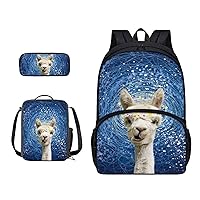 Alpaca Geometric Pattern Backpack Set for Teen Girls Boys Large 17in Student Backpack with Lunch Bag and Pencil Case Student Backpack 3 Pcs Set