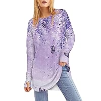 Tops for Women Sexy Casual Fall Blouse for Womens Trendy Long Sleeve Work Plus Size Fitted Printed Stretch Round Neck Shirt Women Light Purple White Long Sleeve Shirts for Women Large