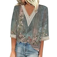Dressy Tops for Women Graphic Summer Vintage 3/4 Sleeve Shirts Lace V Neck Dressy Tops Trendy Vacation Floral Blouses